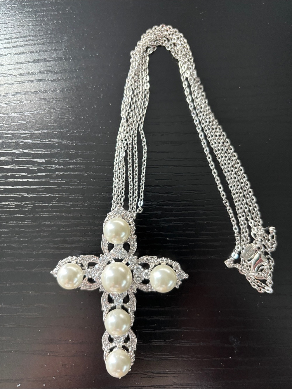 Pearl Cross Pendant Necklace - Silver Tone